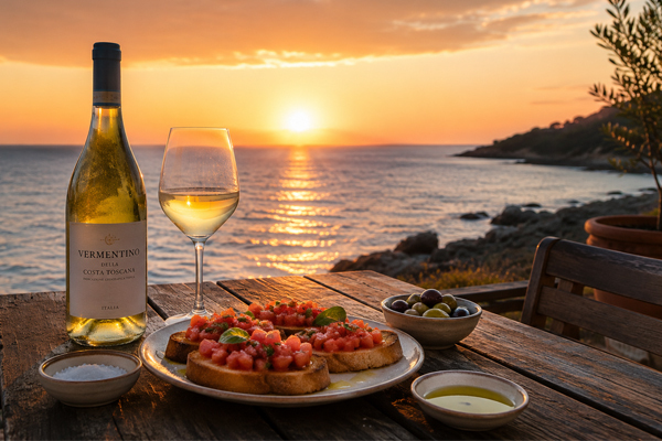 Einen Vermentino della Costa Toscana geniesst man am besten mit Bruschetta, frischen Tomaten und Olivenöl
