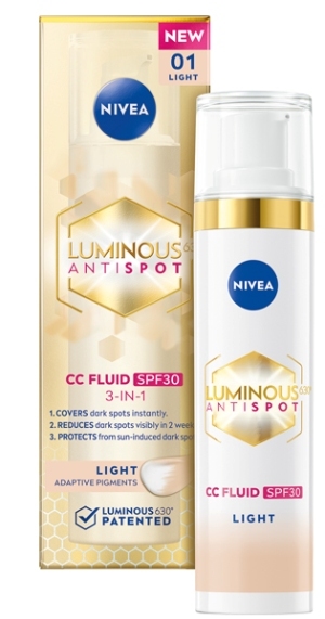 NIVEA LUMINOUS630® 3-in-1 CC Fluid bietet eine innovative 3-in-1-Lösung, die dunkle Flecken abdeckt und reduziert. NIVEA LUMINOUS630® 3-in-1 CC Fluid bietet eine innovative 3-in-1-Lösung, die dunkle Flecken abdeckt und reduziert.