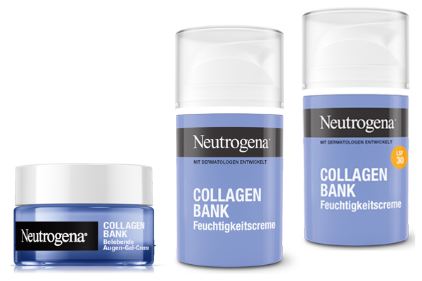 Das innovative Produkt-Trio der neuen Gesichtspflegeserie Neutrogena® Collagen Bank bietet erstmals Pre-Aging Lösungen, denn der Schlüssel für straffe und strahlende Haut liegt im frühzeitigen Kollagenschutz Das innovative Produkt-Trio der neuen Gesichtspflegeserie Neutrogena® Collagen Bank bietet erstmals Pre-Aging Lösungen, denn der Schlüssel für straffe und strahlende Haut liegt im frühzeitigen Kollagenschutz