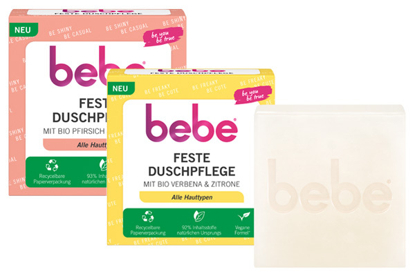 Die neuen festen Duschpflegen von bebe® sind seifenfrei, zart schäumend, spenden Feuchtigkeit und schützen die Haut