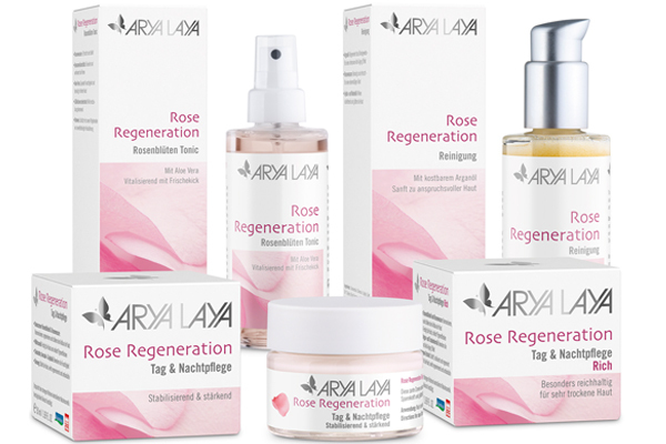 Die Serie "ARYA LAYA Rose Regeneration" mit dem Herz aus Rosenöl und -wasser aus der Damaszener Rose und Wildrosenöl aus Hagebuttensamen umfasst insgesamt vier Produkte für Reinigung und Tonisierung sowie Pflege