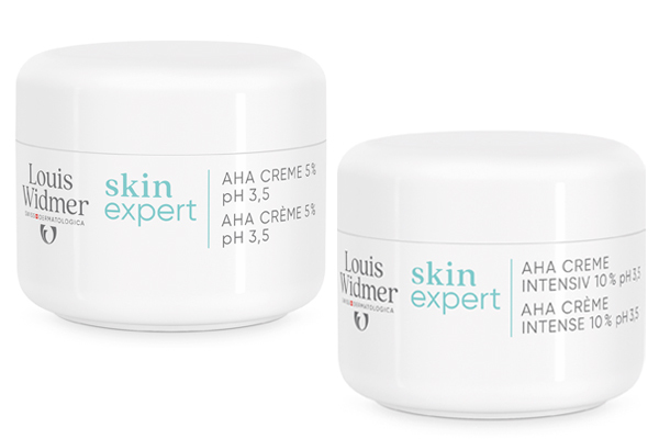 Die AHA Creme 5 % pH 3,5 und die AHA Creme 10 % pH 3,5 stimulieren die Zellerneuerung, mildern Fältchen und sorgen für eine glatte, straffe Haut.