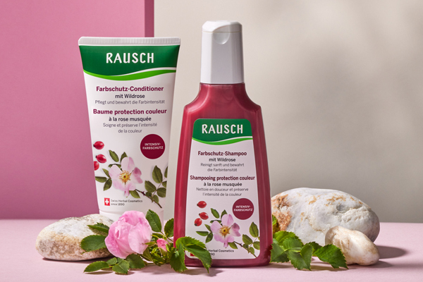Die Rausch Farbschutzlinie  mit Wildrose für coloriertes Haar schützt und stärkt das Haar und sorgt für lange Haltbarkeit der Farbe
