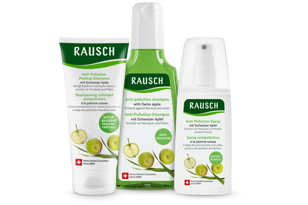 Die Rausch Anti-Pollution Linie mit Schweizer Apfel schützt Haare und Kopfhaut vor der Pollenbelastung