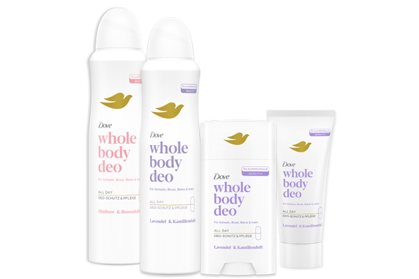 Die Dove Whole Body Deo Range bietet eine innovative Kombination aus verlässlichem Deo-Schutz und bewährter Dove-Pflege