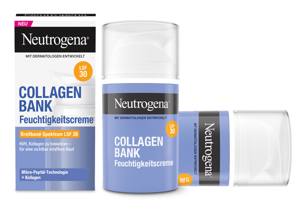 Neutrogena® Collagen Bank wurde  mit Dermatolog:innen entwickelt und hilft der Haut,  wertvolles Kollagen frühzeitig zu bewahren