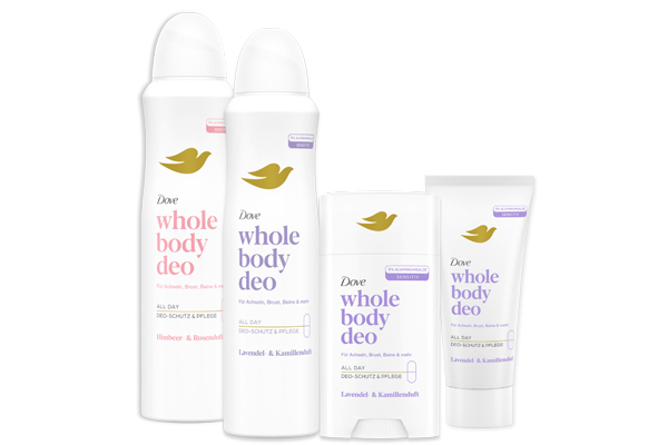 Die Dove Whole Body Deo Range bietet eine innovative Kombination aus verlässlichem Deo-Schutz und bewährter Dove-Pflege Die Dove Whole Body Deo Range bietet eine innovative Kombination aus verlässlichem Deo-Schutz und bewährter Dove-Pflege