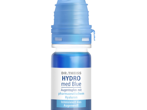 DR. THEISS HYDRO med Blue Augentropfen mit pharmazeutischem Hyaluron intensivieren sanft das Weiß des Augapfels und befeuchten und pflegen gestresste Augen.