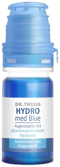DR. THEISS HYDRO med Blue Augentropfen mit pharmazeutischem Hyaluron intensivieren sanft das Weiß des Augapfels und befeuchten und pflegen gestresste Augen. 